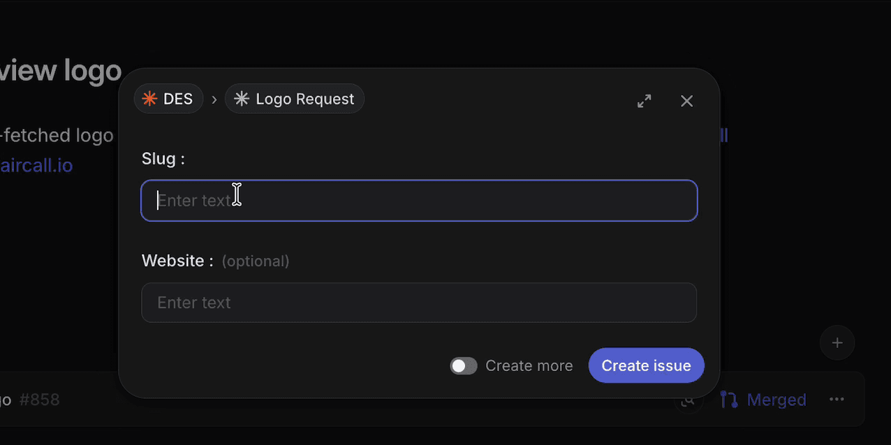 Linear's Logo Request issue template with Slug and Website fields
