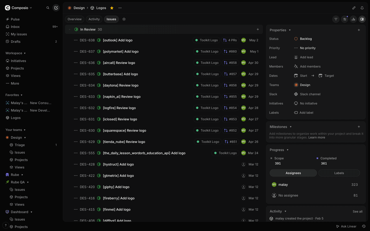 The Logos project in Linear — hundreds of agent-completed issues