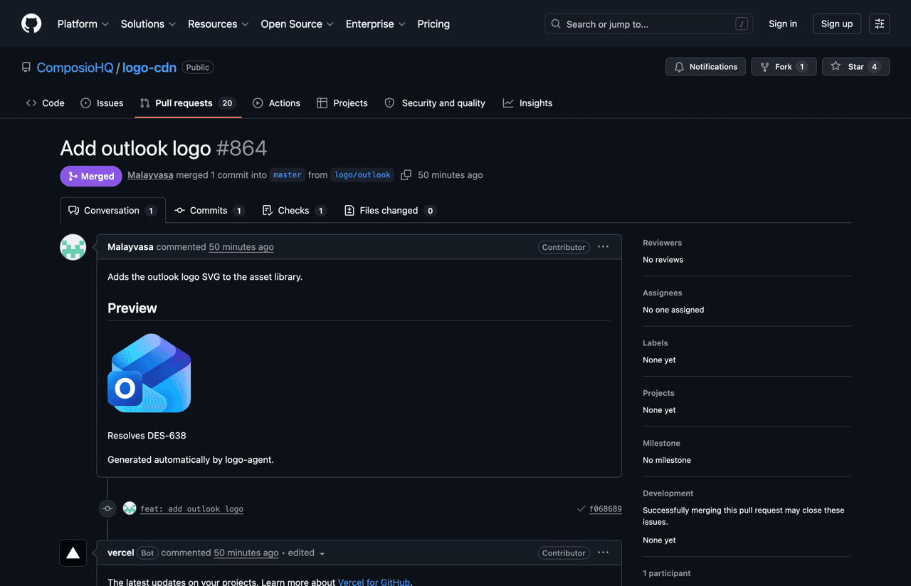 A merged pull request opened by Logo Agent on ComposioHQ/logo-cdn