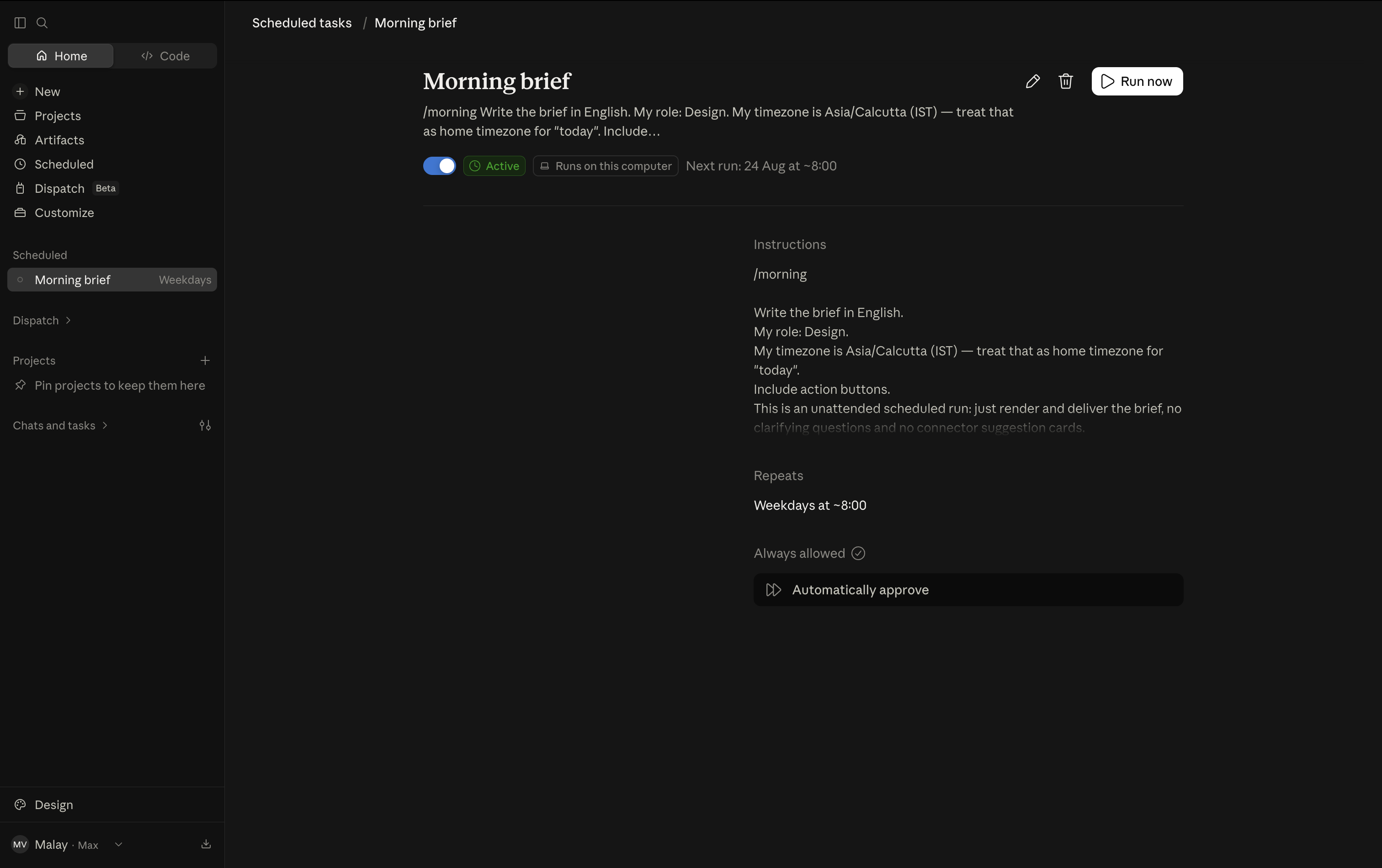Claude morning brief with saved instructions, an active schedule and a Run now control