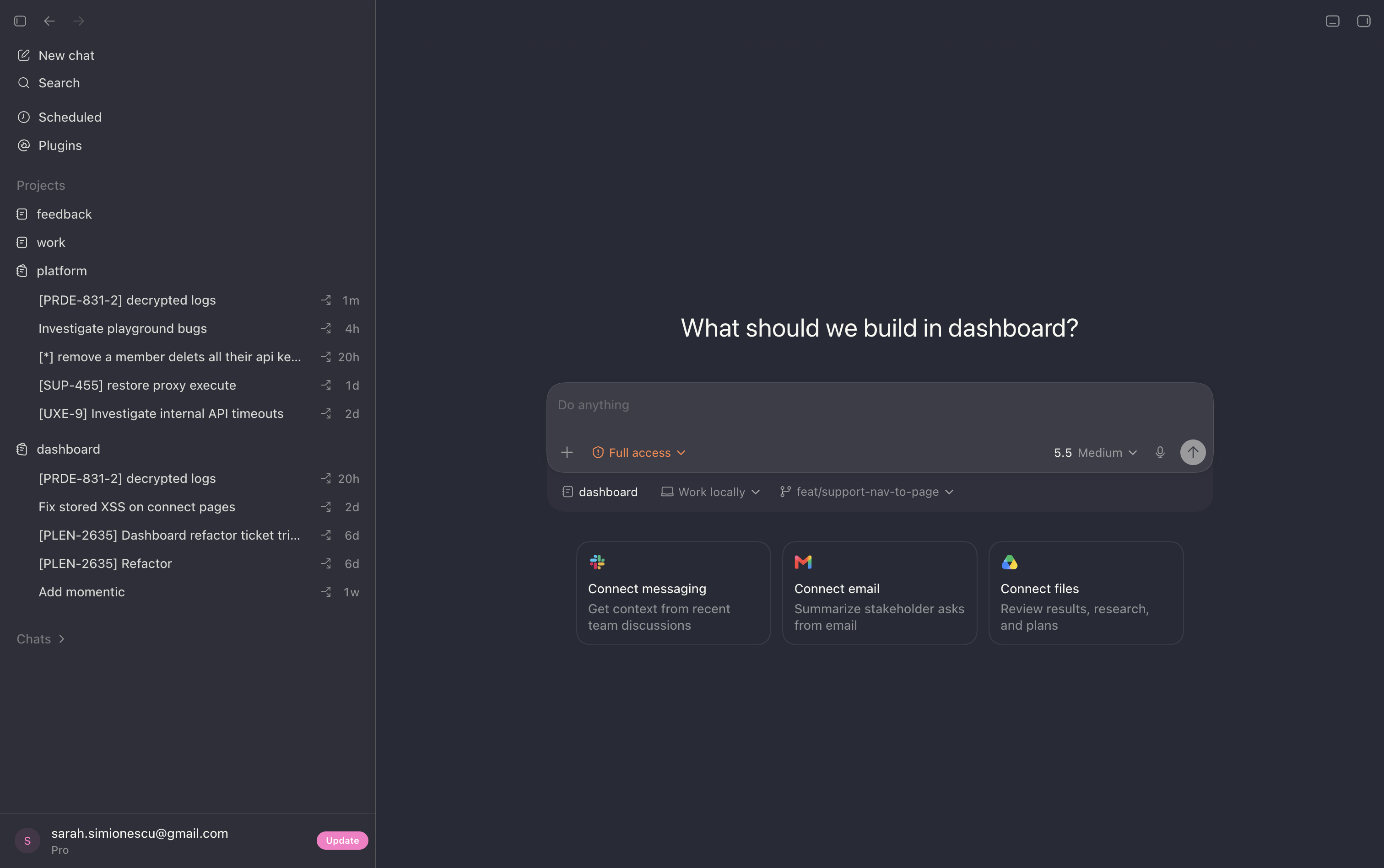 Codex’s composer with cards for connecting messaging, email and files