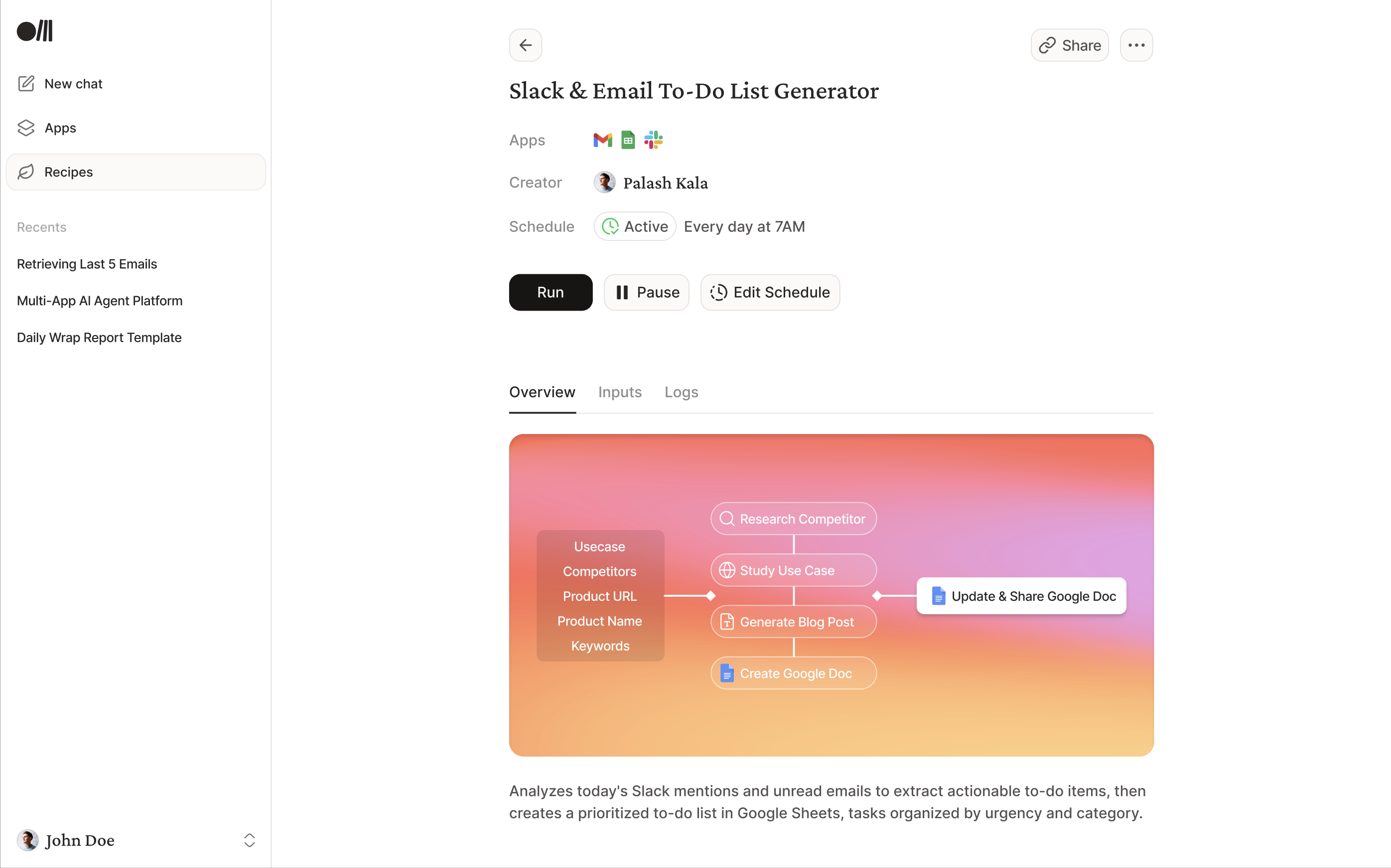 Rube recipe with connected apps, an active daily schedule, and Run, Pause and Edit Schedule controls
