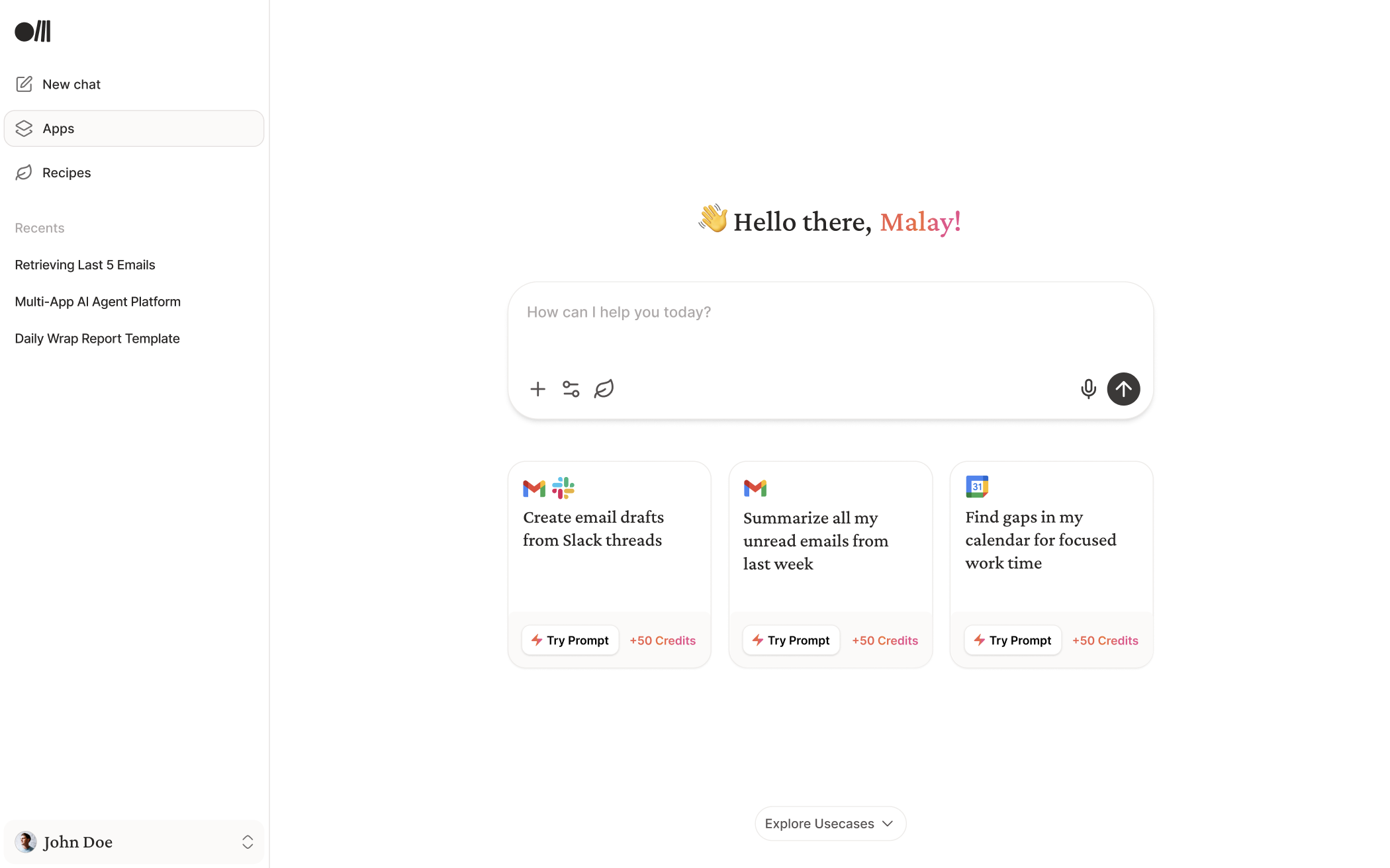 Rube’s composer with suggested tasks using Gmail, Slack and Calendar